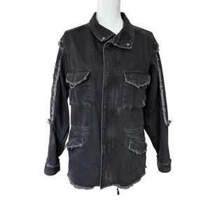 Zara Woman Denim Jacket‎ Distressed Frayed Edges Silver Rings Black Size Medium